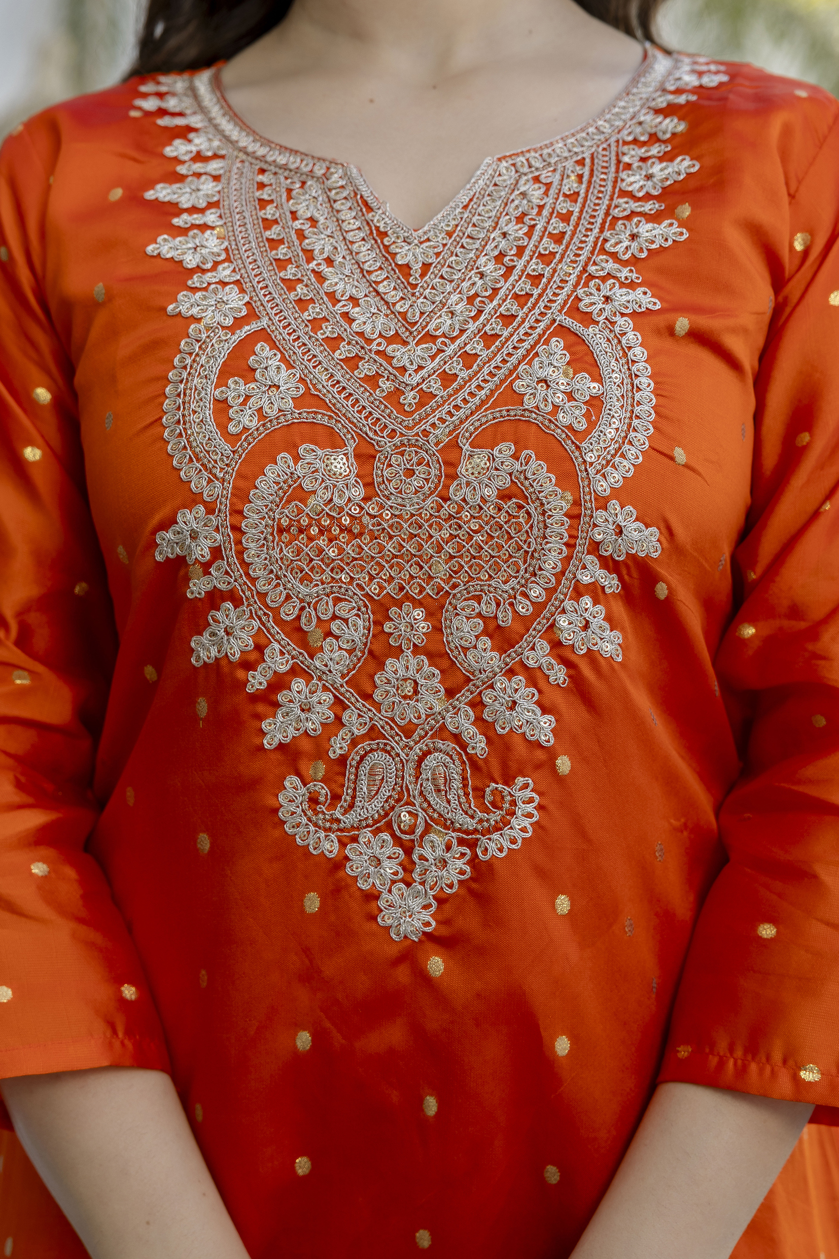 Orange Jacquard Embroidered Kurta Set with Organza Dupatta