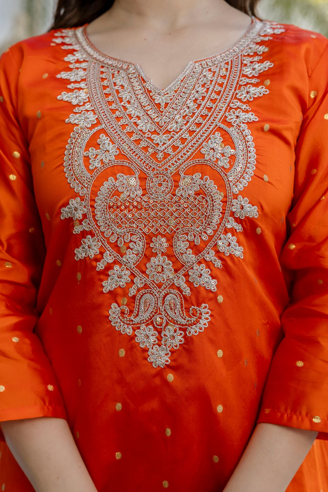 Orange Jacquard Embroidered Kurta Set with Organza Dupatta