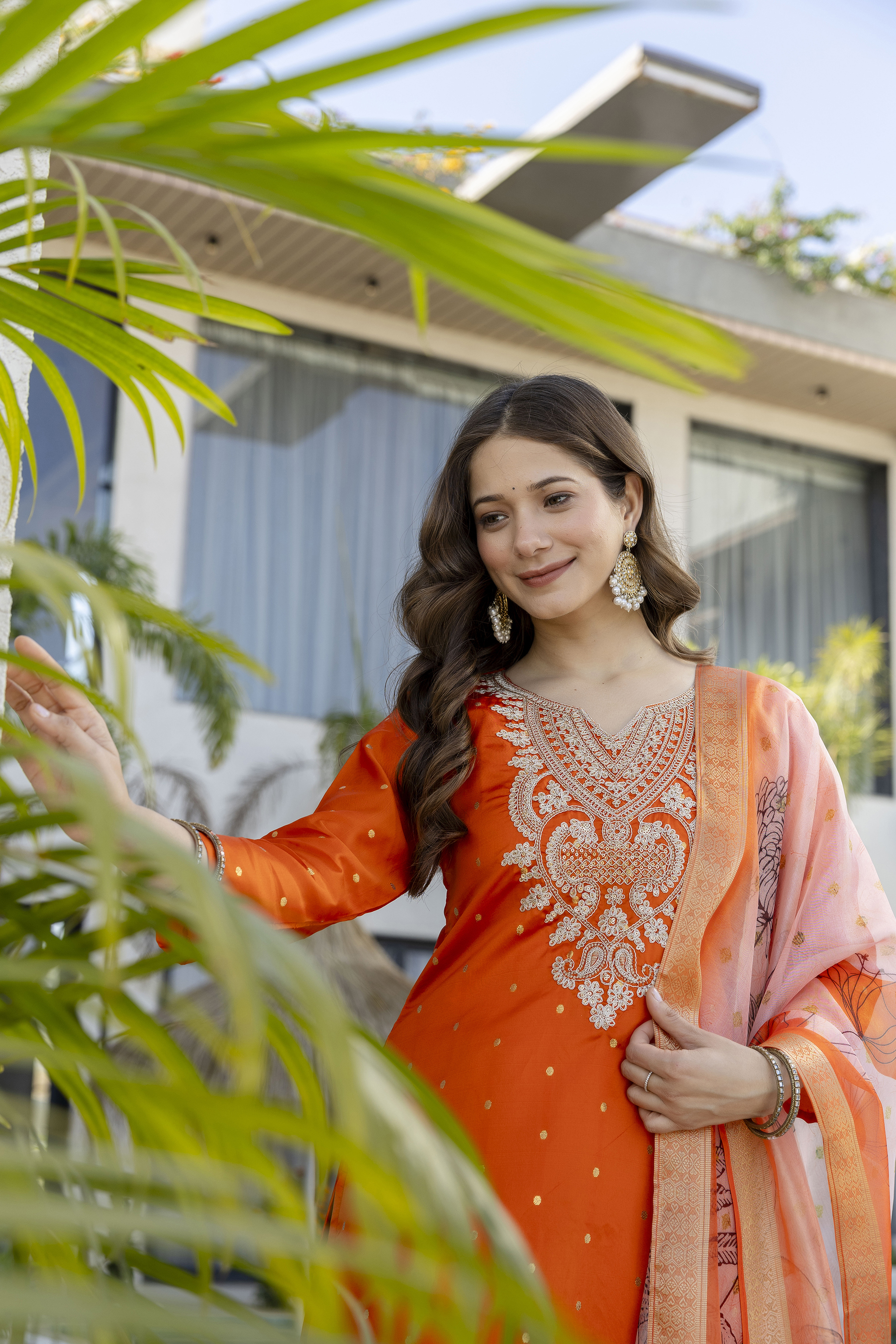 Orange Jacquard Embroidered Kurta Set with Organza Dupatta