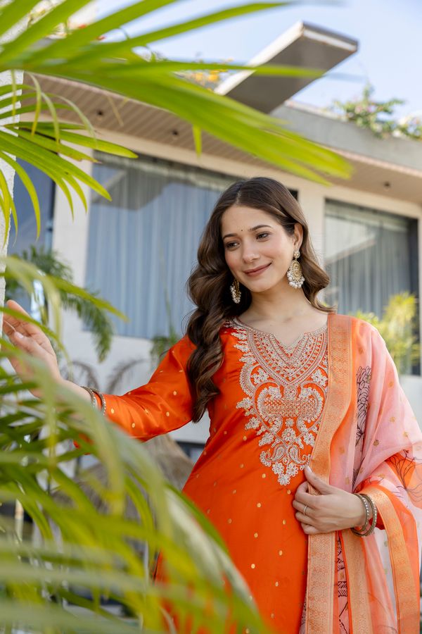 Orange Jacquard Embroidered Kurta Set with Organza Dupatta
