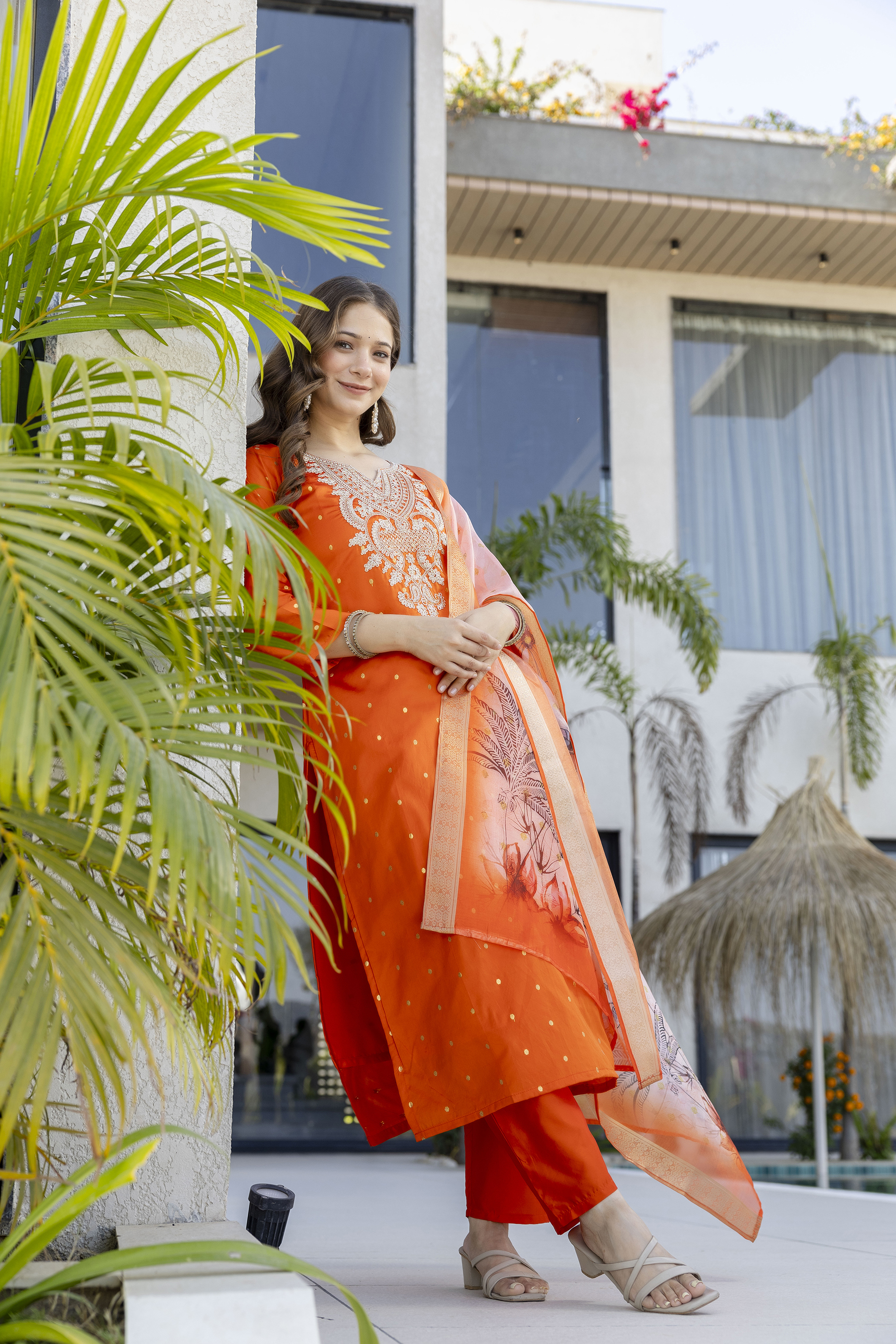 Orange Jacquard Embroidered Kurta Set with Organza Dupatta