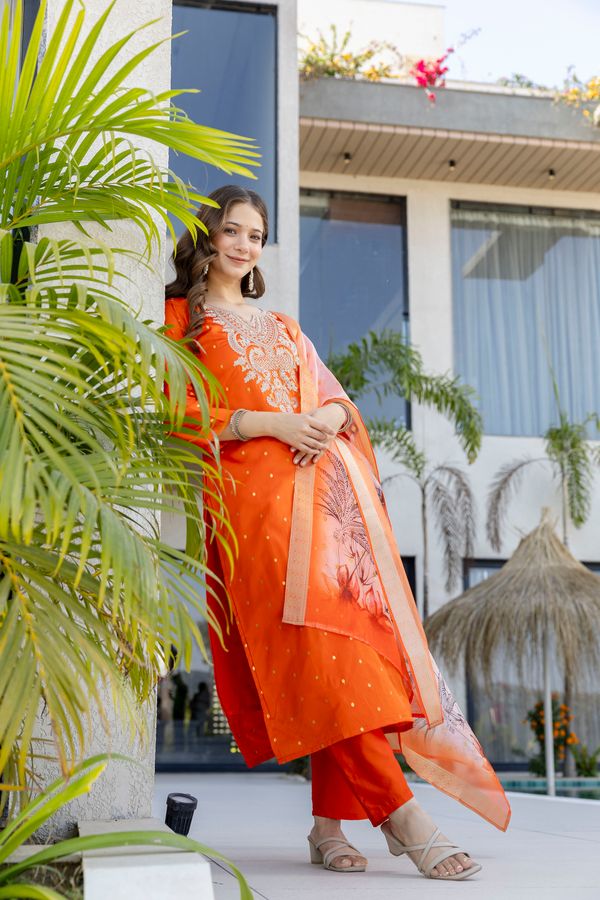 Orange Jacquard Embroidered Kurta Set with Organza Dupatta