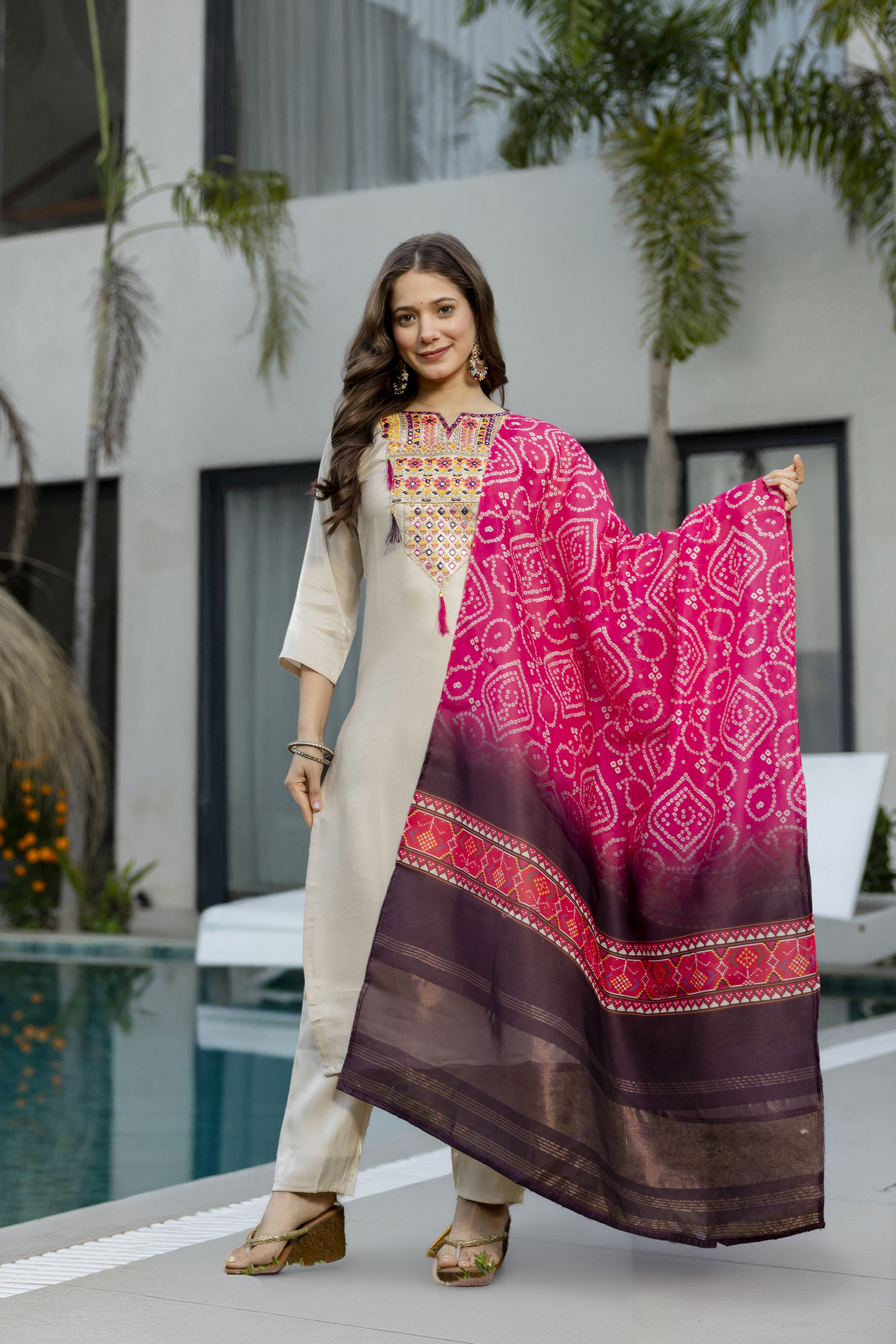 Cream Embroidered Kurta Set with Bandhani Style Dupatta