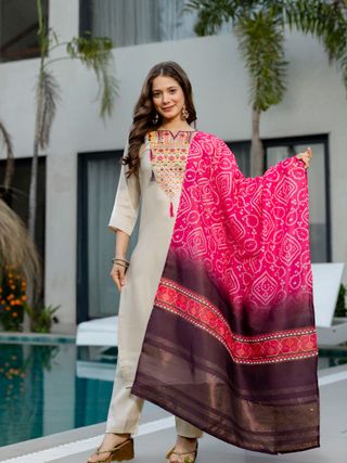 Cream Embroidered Kurta Set with Bandhani Style Dupatta