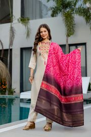 Cream Embroidered Kurta Set with Bandhani Style Dupatta - Cream