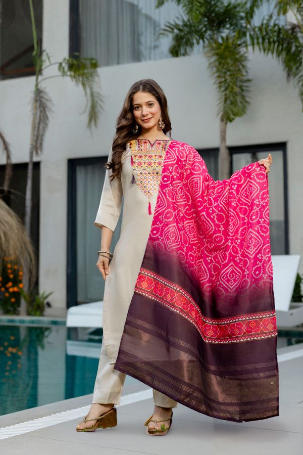 Cream Embroidered Kurta Set with Bandhani Style Dupatta