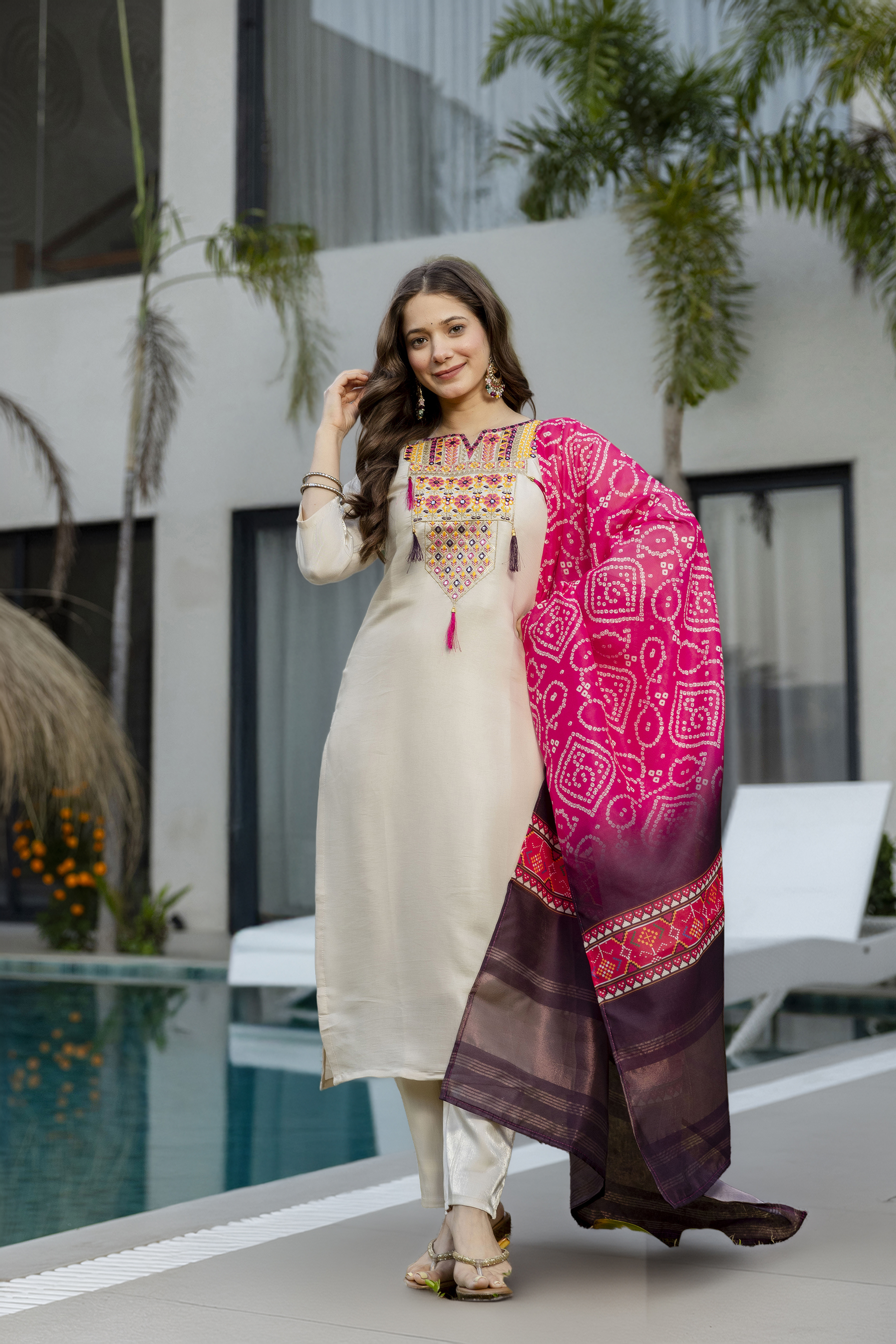 Cream Embroidered Kurta Set with Bandhani Style Dupatta