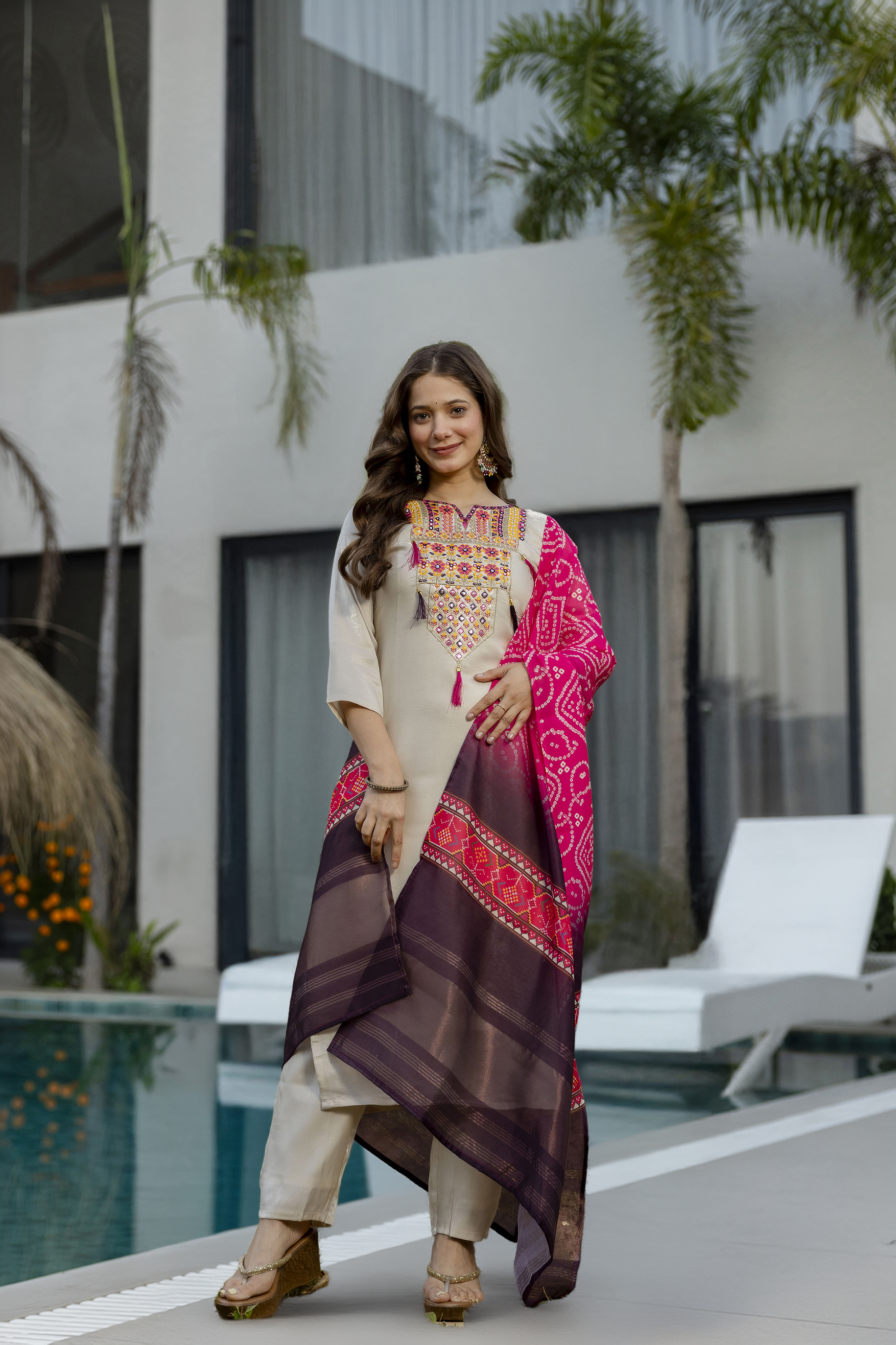 Cream Embroidered Kurta Set with Bandhani Style Dupatta