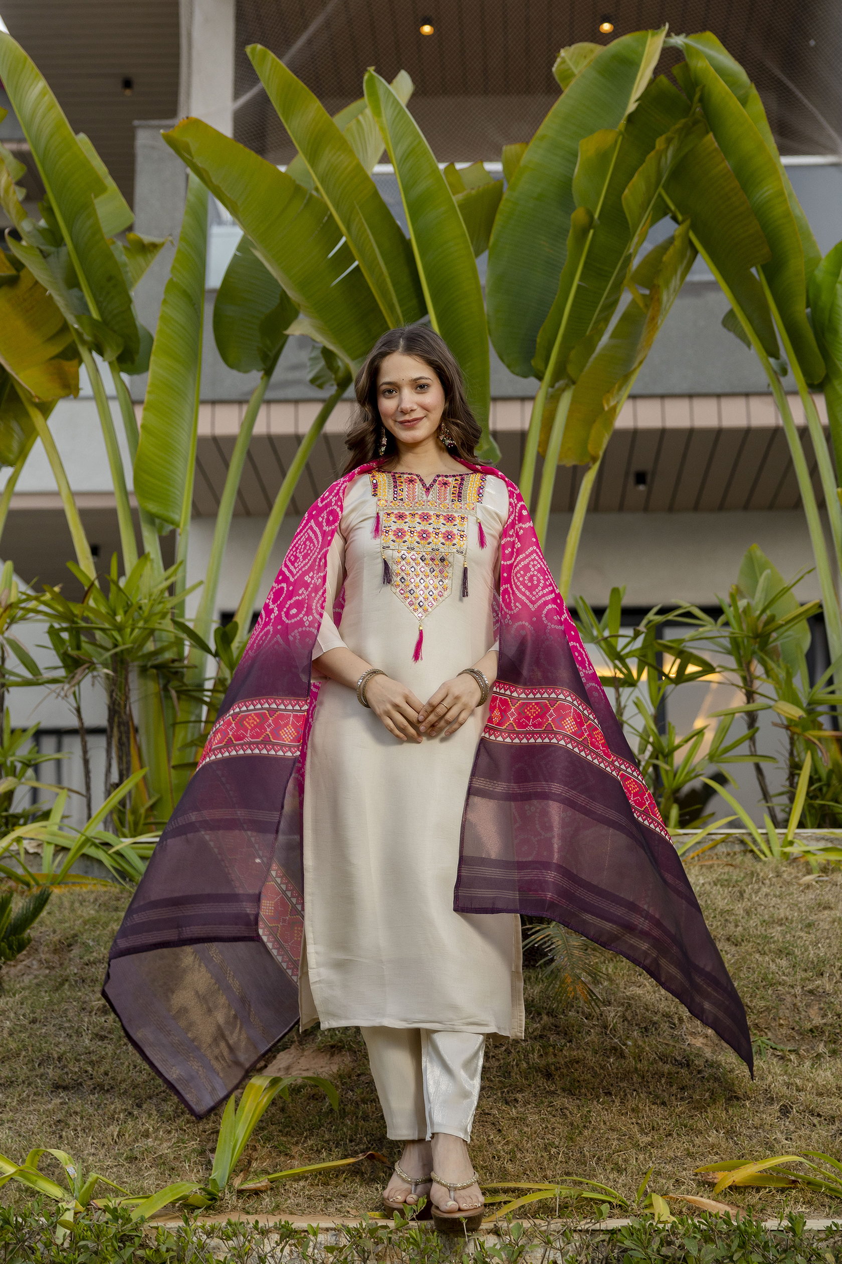 Cream Embroidered Kurta Set with Bandhani Style Dupatta