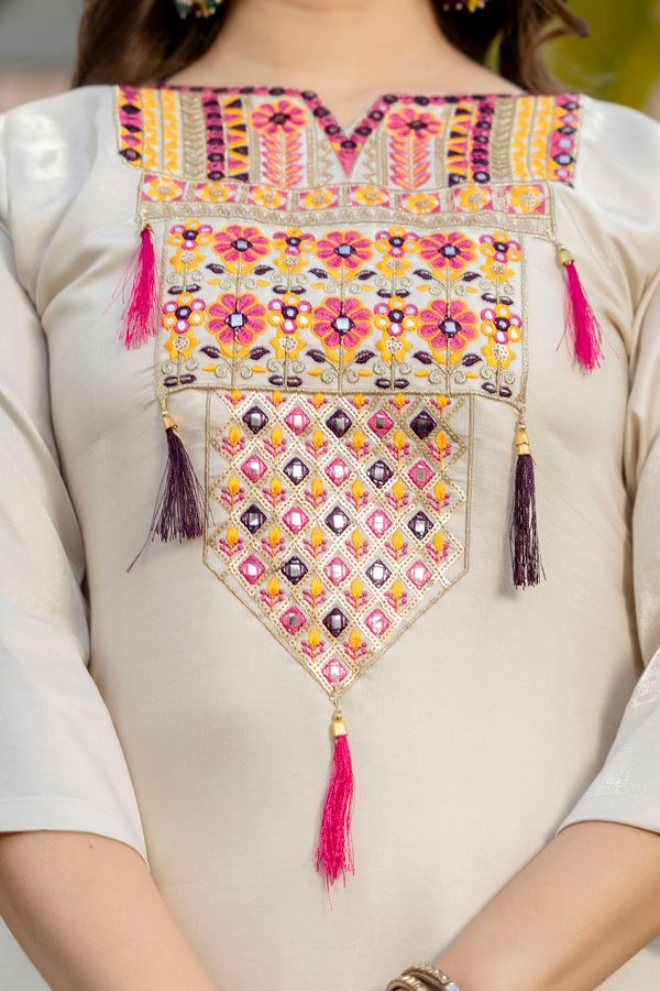 Cream Embroidered Kurta Set with Bandhani Style Dupatta