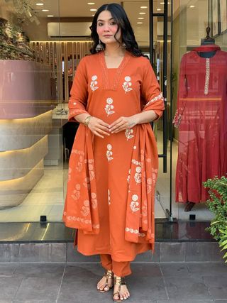 Orange Embroidered Kurti Pant Dupatta Set Online