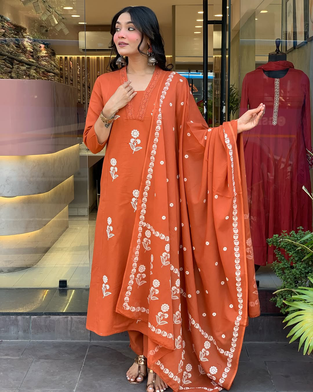 Orange Embroidered Kurti Pant Dupatta Set Online