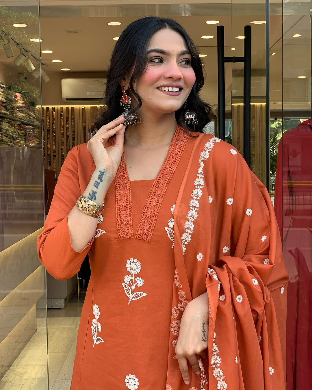 Orange Embroidered Kurti Pant Dupatta Set Online