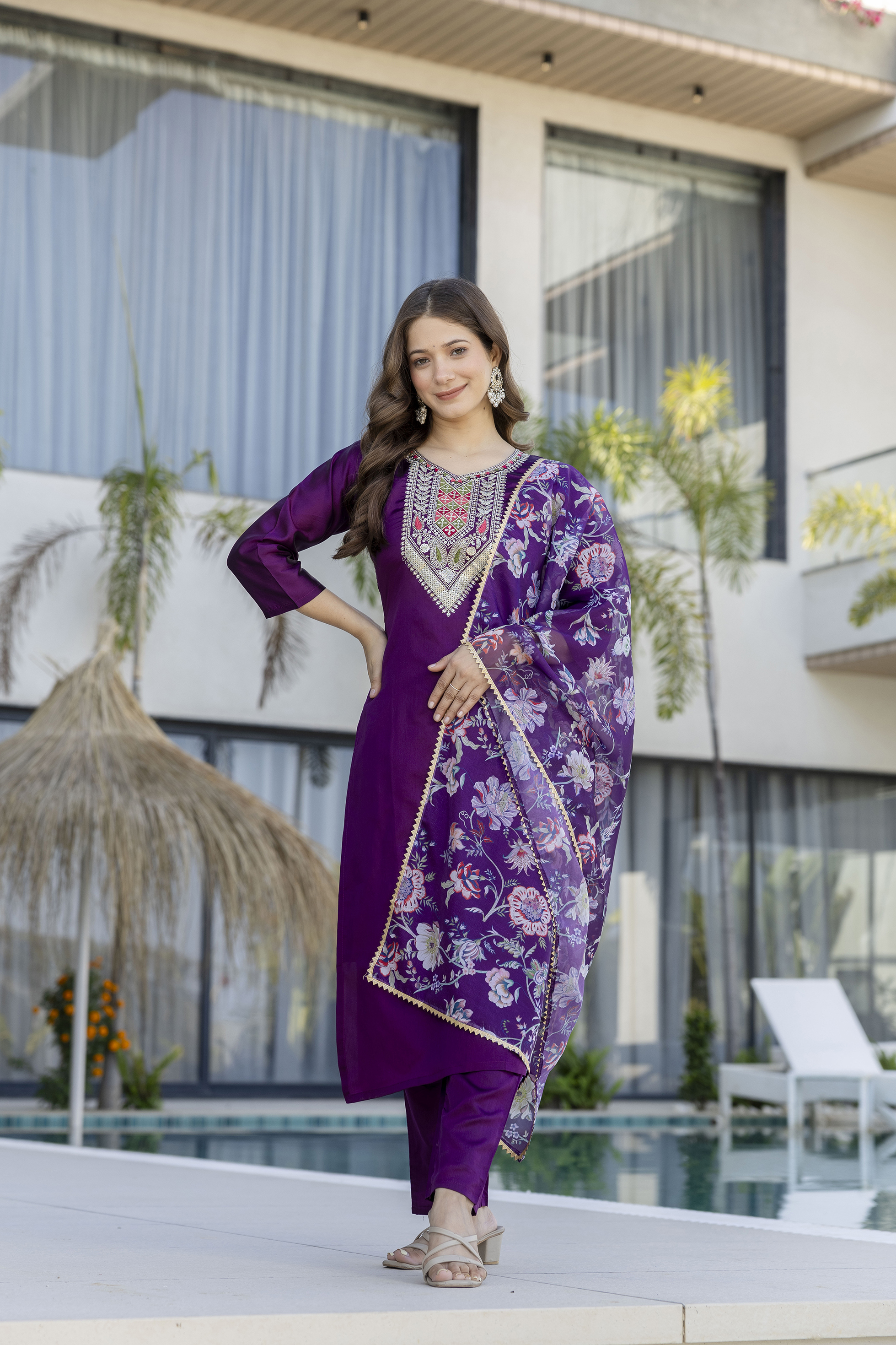 Purple Embroidered Kurti Pant with Dupatta Online