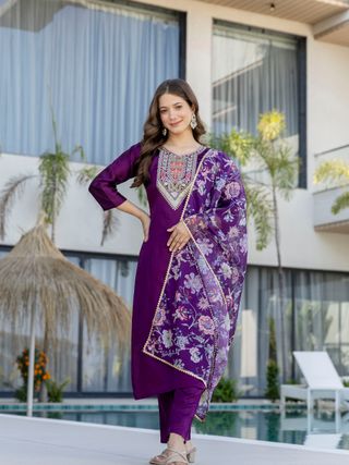 Purple Embroidered Kurti Pant with Dupatta Online