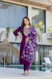 Purple Embroidered Kurti Pant with Dupatta Online - Purple