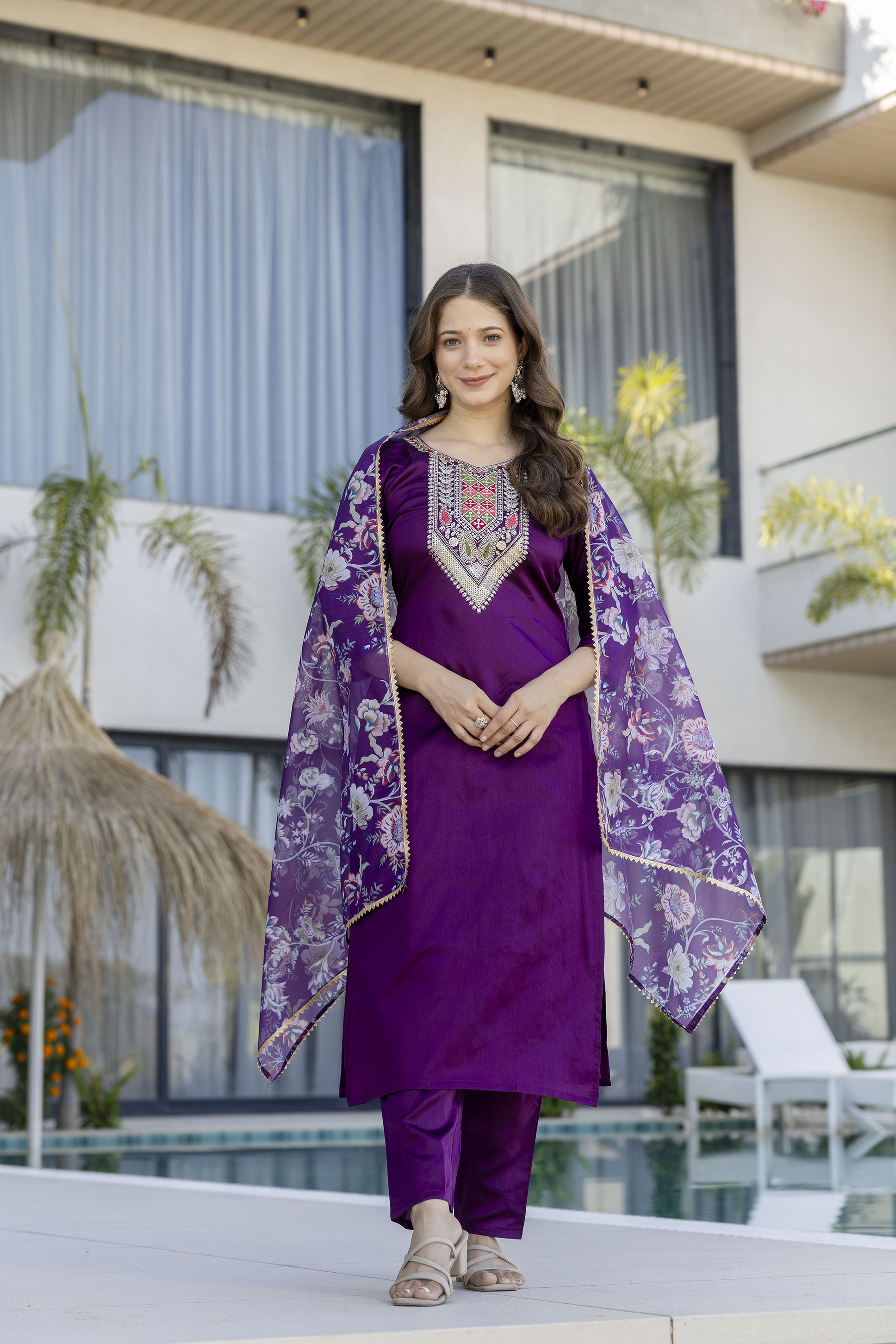 Purple Embroidered Kurti Pant with Dupatta Online