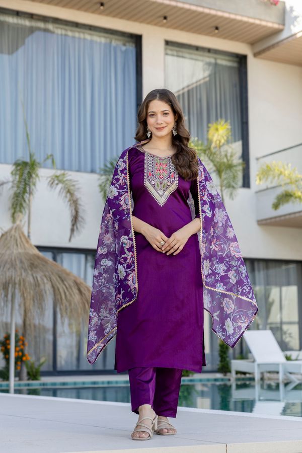 Purple Embroidered Kurti Pant with Dupatta Online