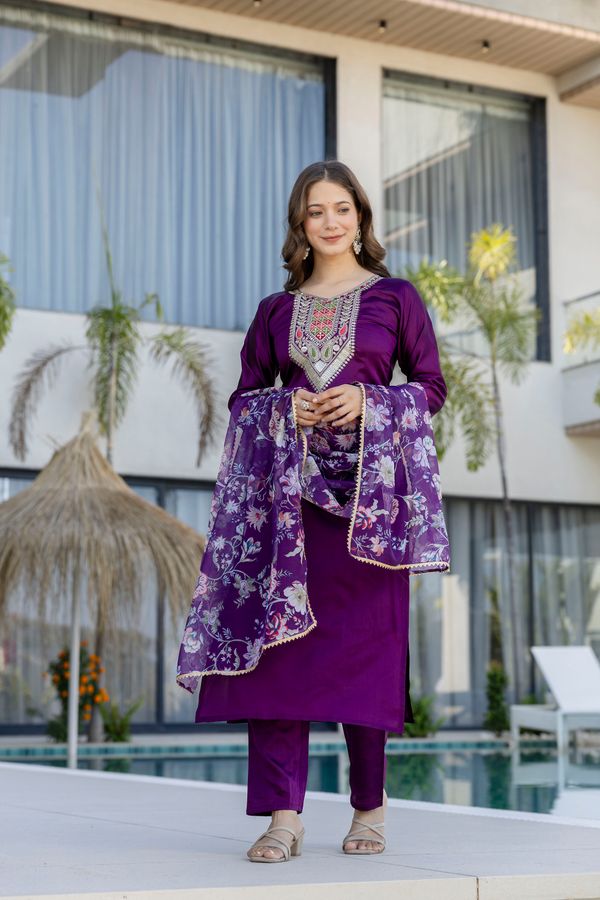 Purple Embroidered Kurti Pant with Dupatta Online
