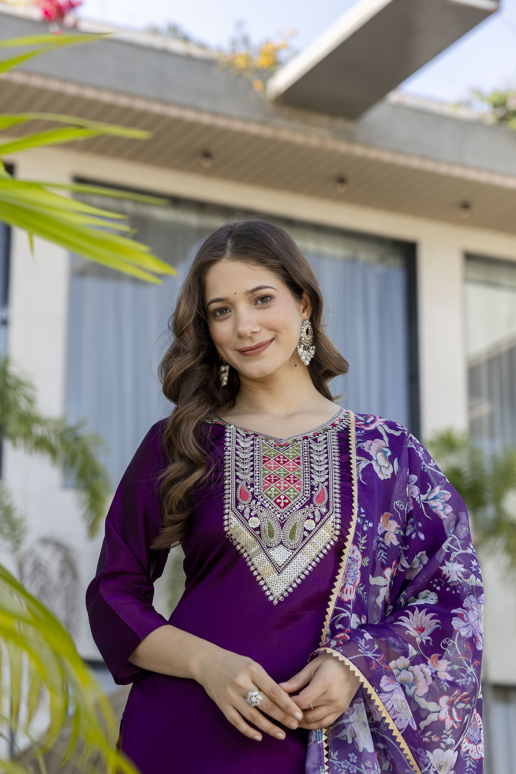 Purple Embroidered Kurti Pant with Dupatta Online