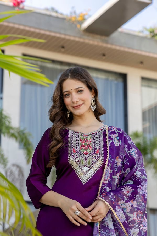 Purple Embroidered Kurti Pant with Dupatta Online
