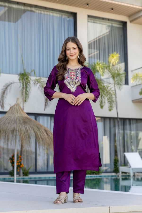 Purple Embroidered Kurti Pant with Dupatta Online
