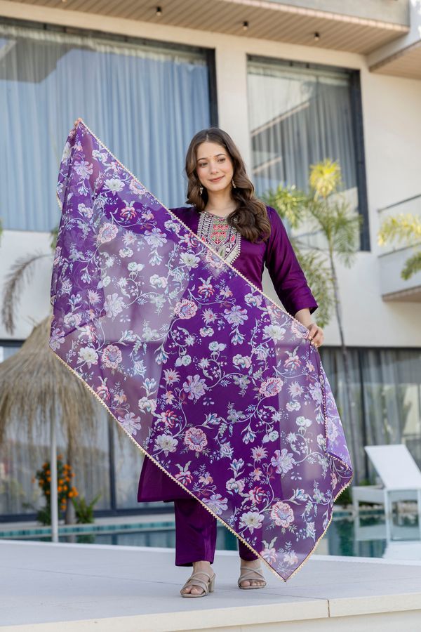 Purple Embroidered Kurti Pant with Dupatta Online