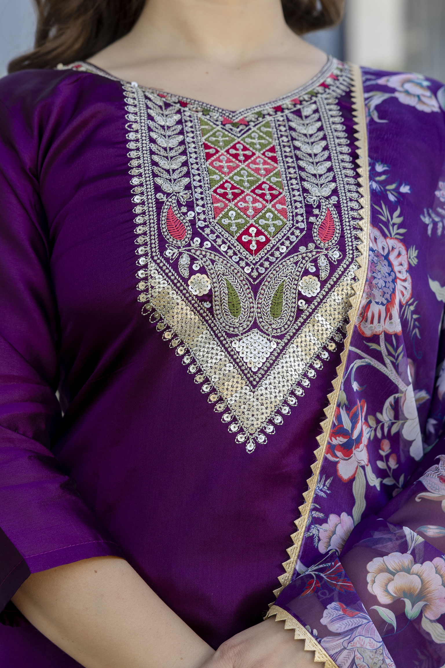 Purple Embroidered Kurti Pant with Dupatta Online