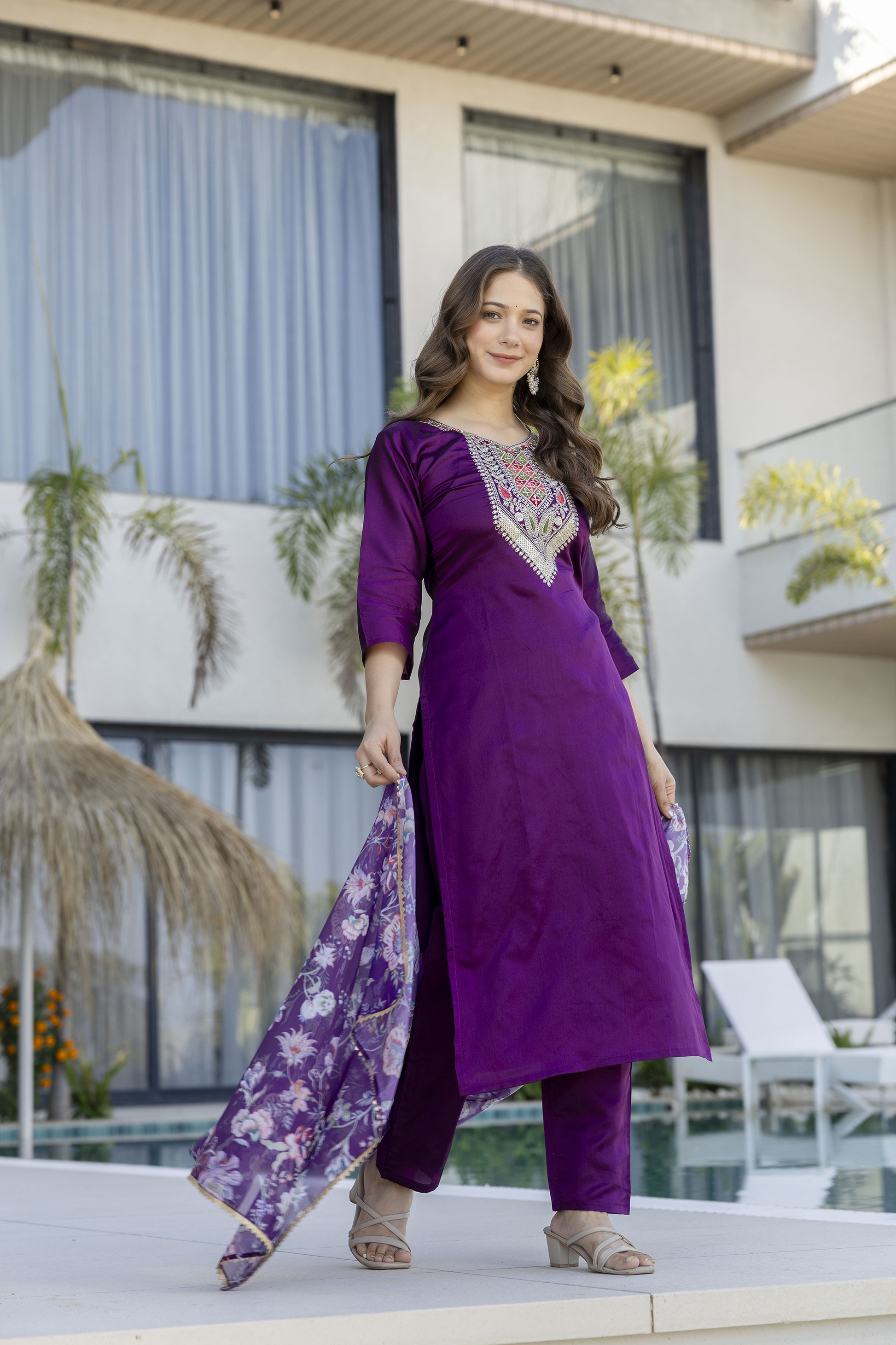 Purple Embroidered Kurti Pant with Dupatta Online