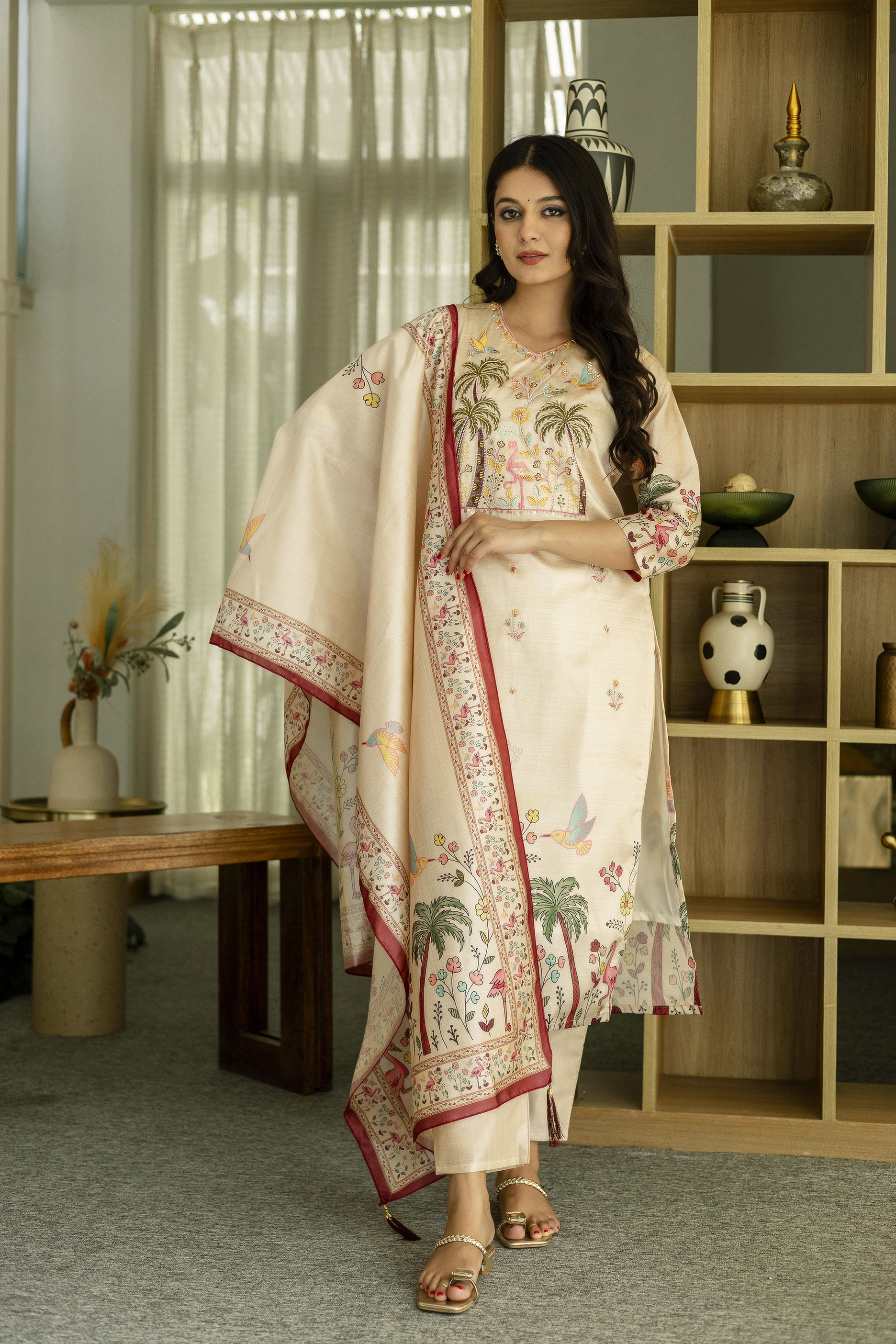 Cream Embroidered Silk Kurti Pant with Designer Dupatta