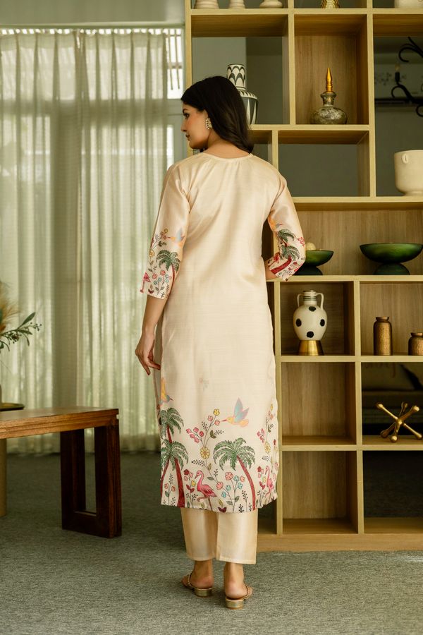 Cream Embroidered Silk Kurti Pant with Designer Dupatta
