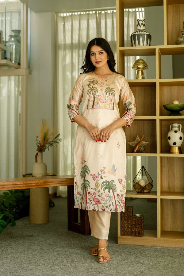 Cream Embroidered Silk Kurti Pant with Designer Dupatta