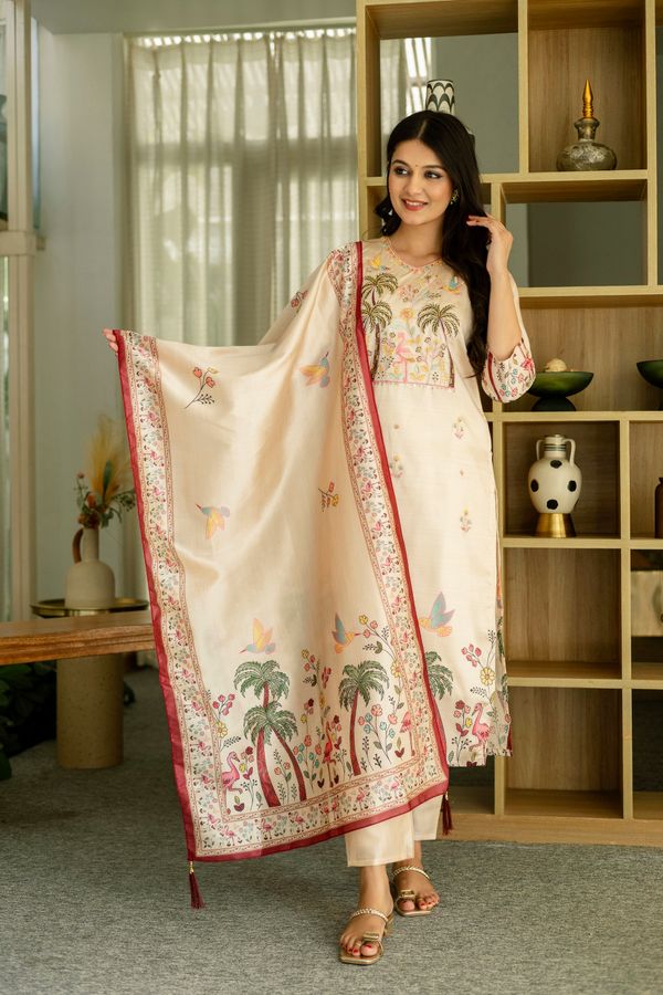 Cream Embroidered Silk Kurti Pant with Designer Dupatta