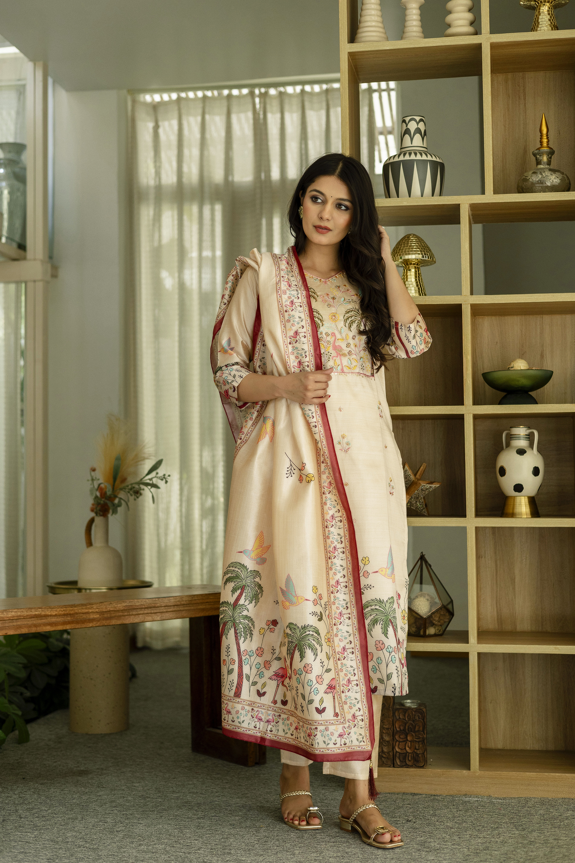 Cream Embroidered Silk Kurti Pant with Designer Dupatta