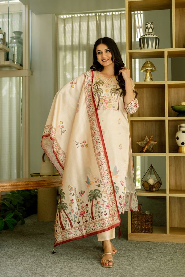 Cream Embroidered Silk Kurti Pant with Designer Dupatta