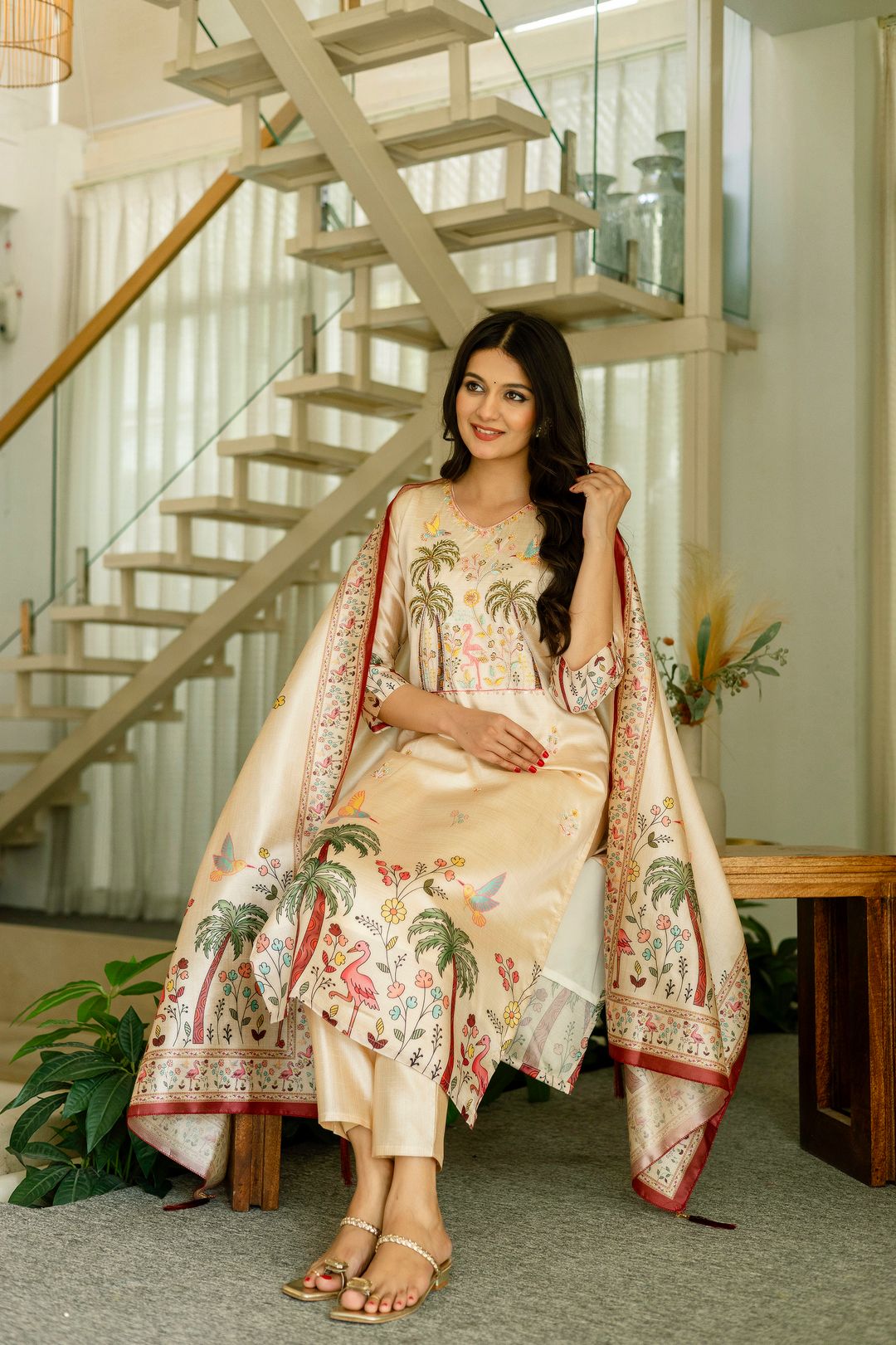 Cream Embroidered Silk Kurti Pant with Designer Dupatta
