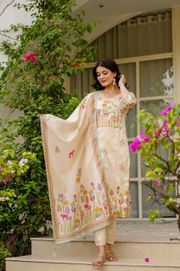 Cream Silk Embroidered Kurti Pant with Printed Dupatta - Cream