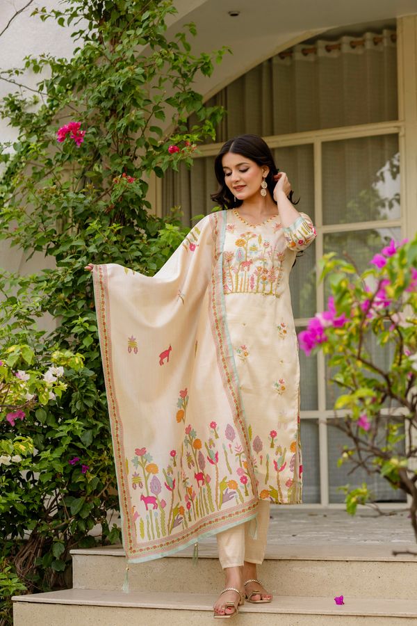 Cream Silk Embroidered Kurti Pant with Printed Dupatta