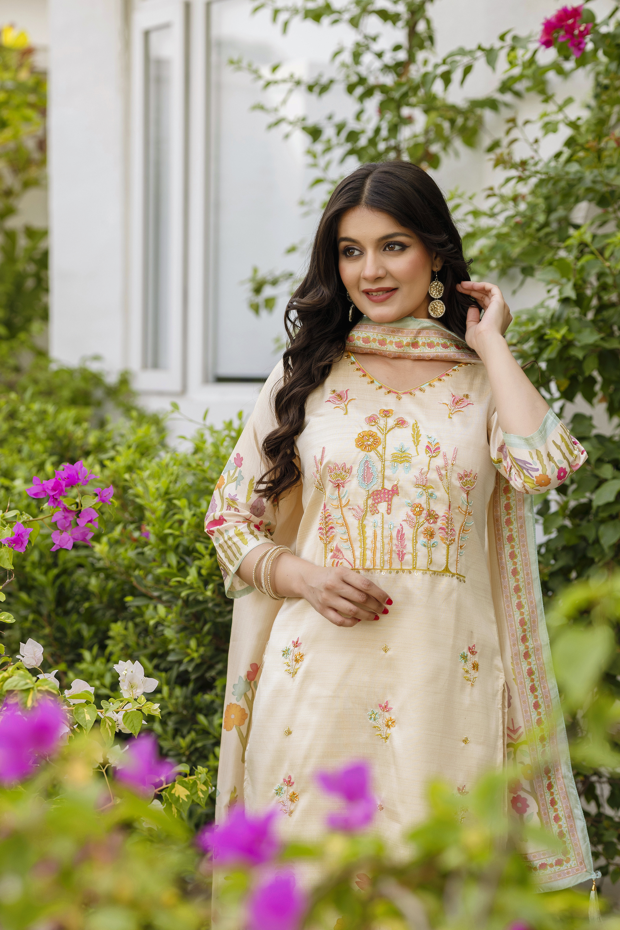 Cream Silk Embroidered Kurti Pant with Printed Dupatta