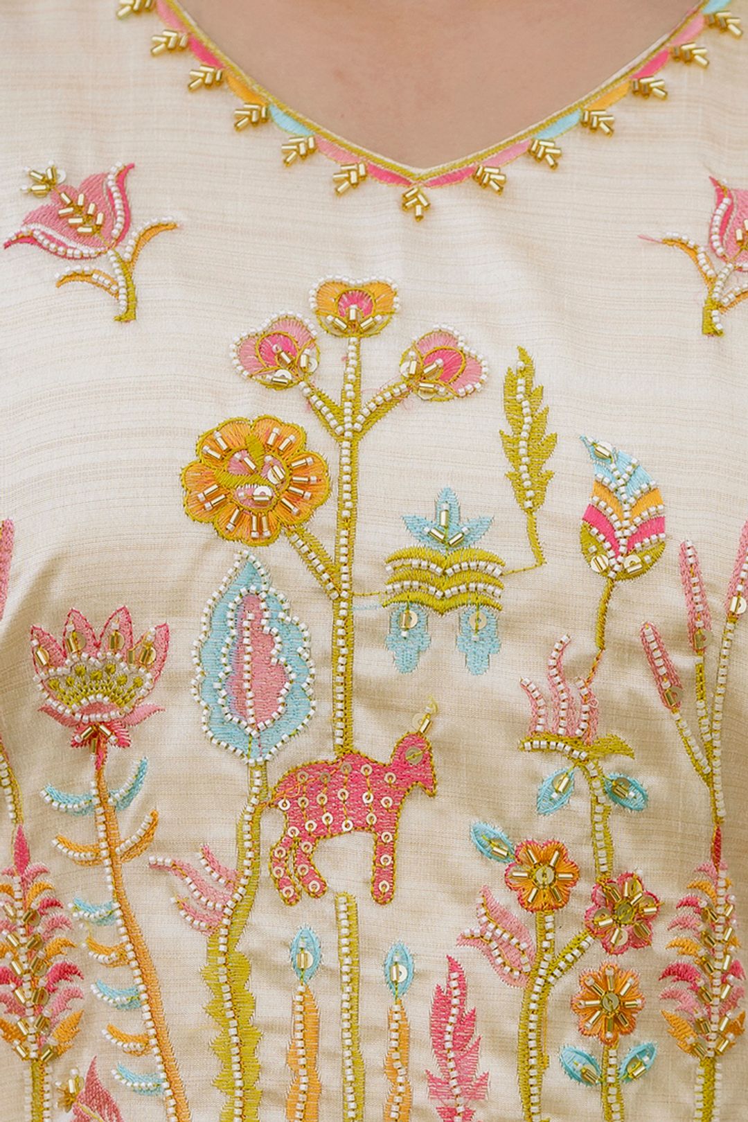 Cream Silk Embroidered Kurti Pant with Printed Dupatta