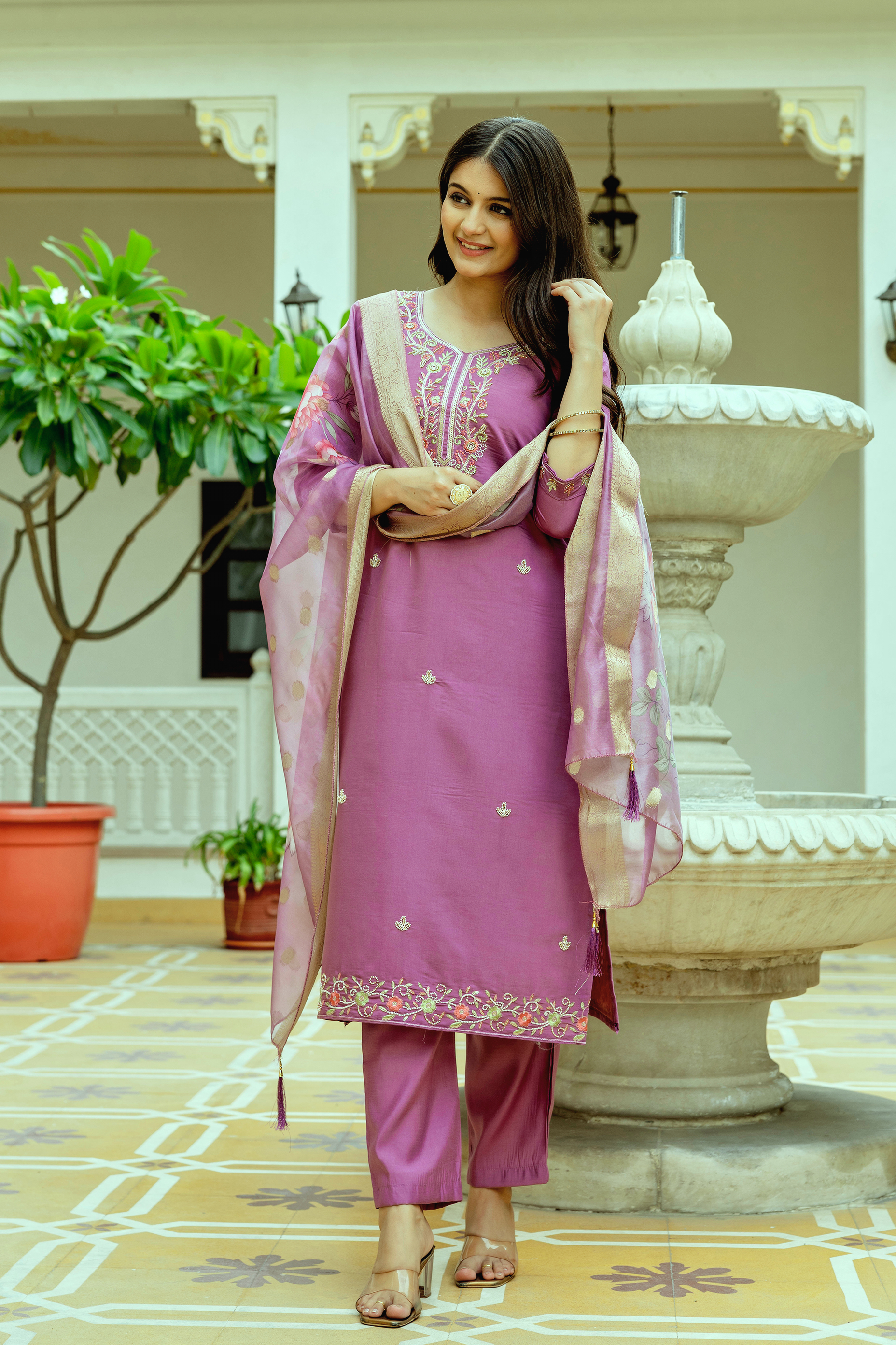 Mauve Embroidered Chanderi Silk Kurti Pant Dupatta