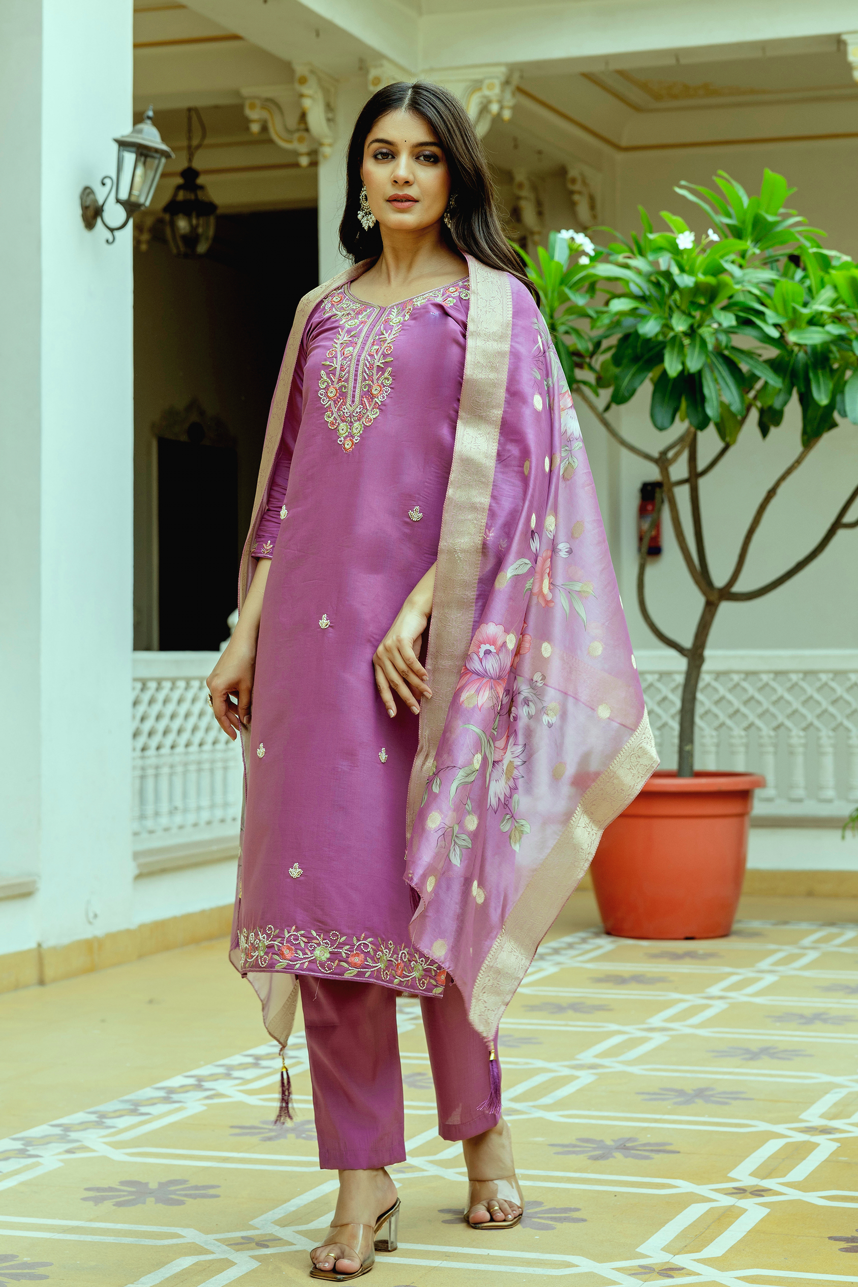 Mauve Embroidered Chanderi Silk Kurti Pant Dupatta