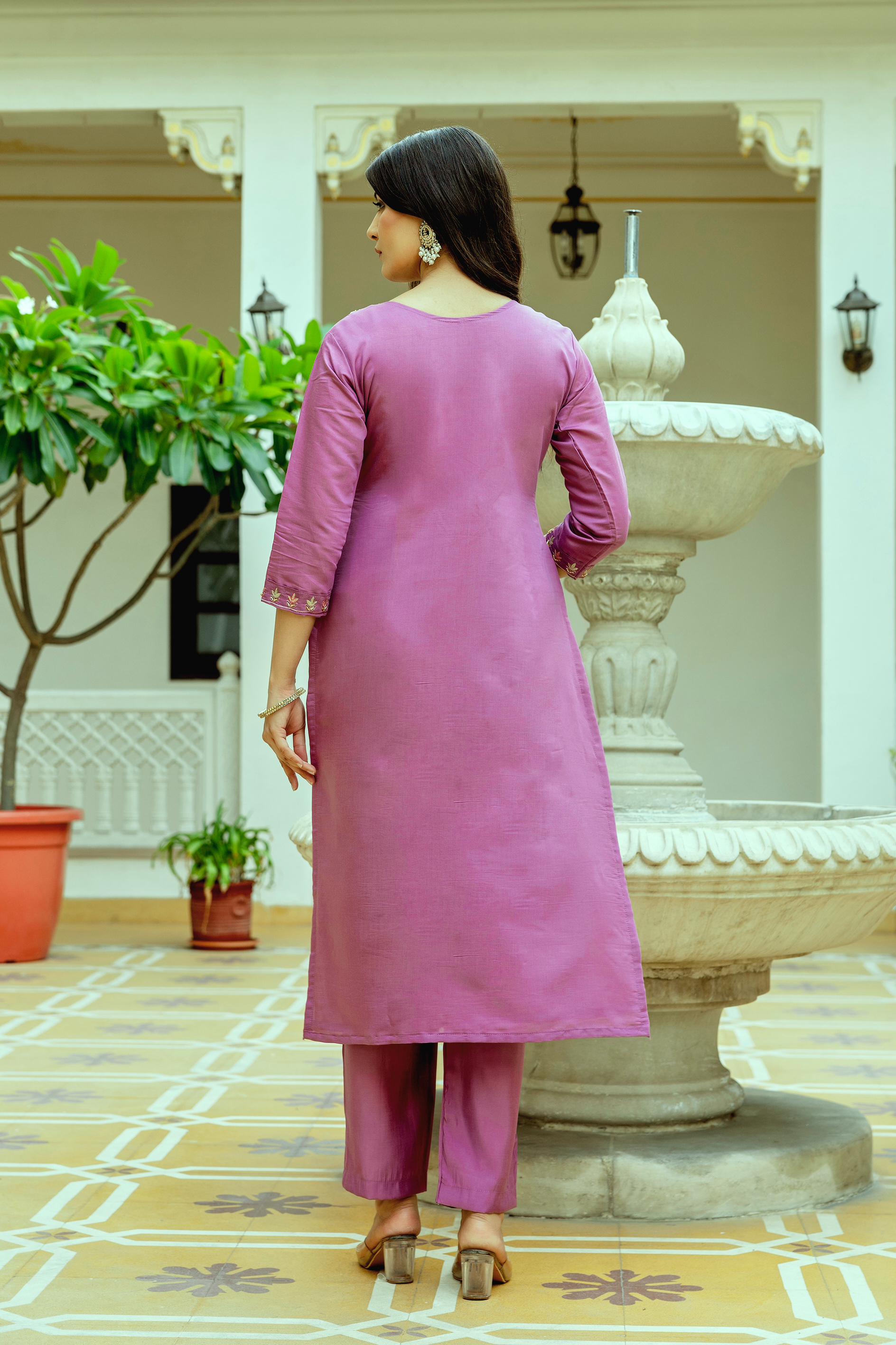 Mauve Embroidered Chanderi Silk Kurti Pant Dupatta