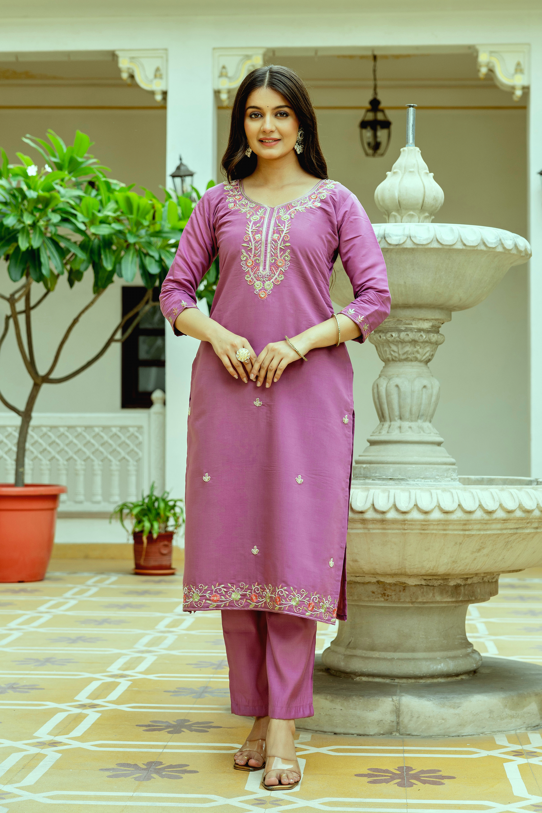 Mauve Embroidered Chanderi Silk Kurti Pant Dupatta