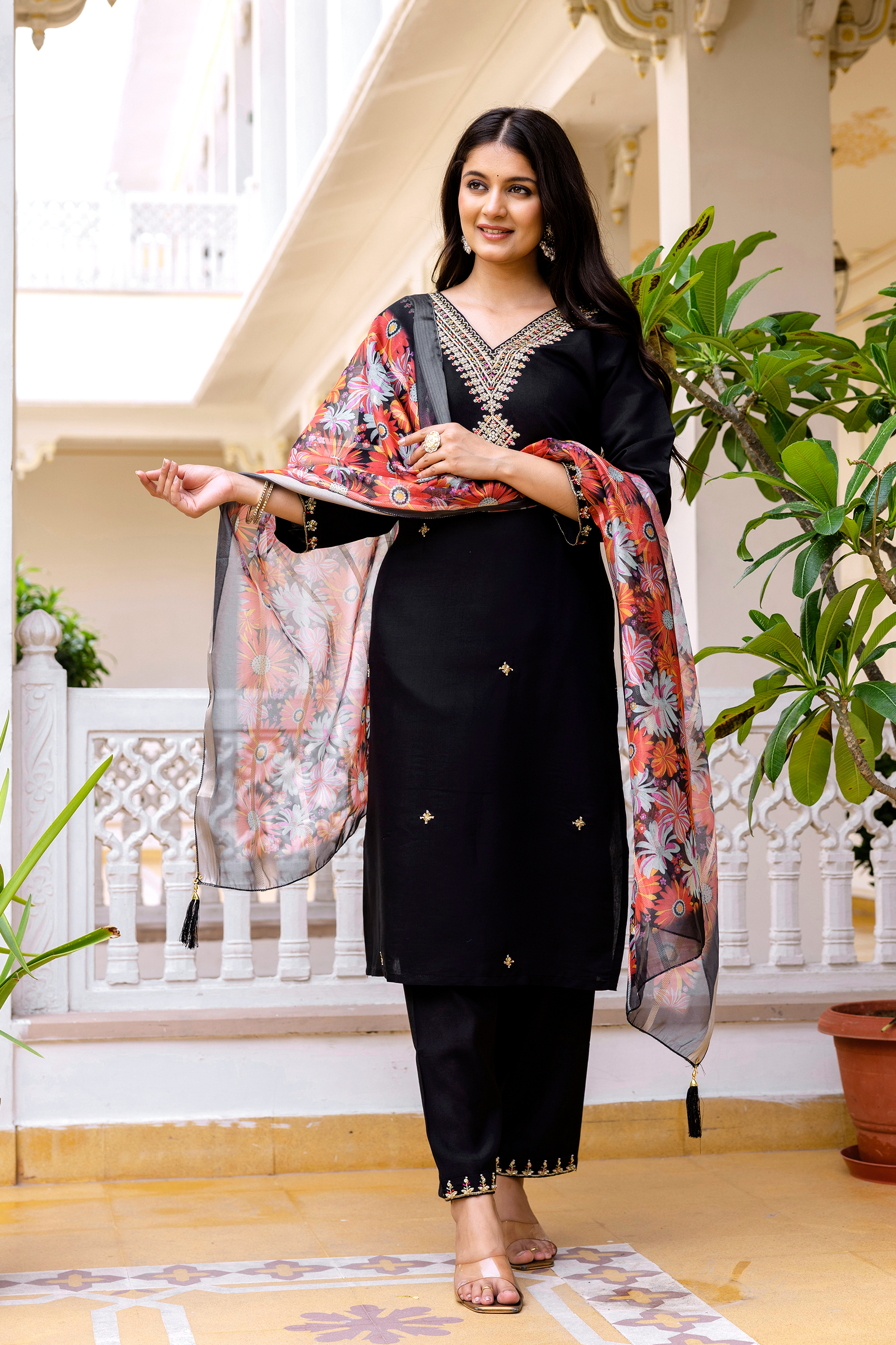 Black Embroidered Chanderi Kurti Pant Dupatta Set