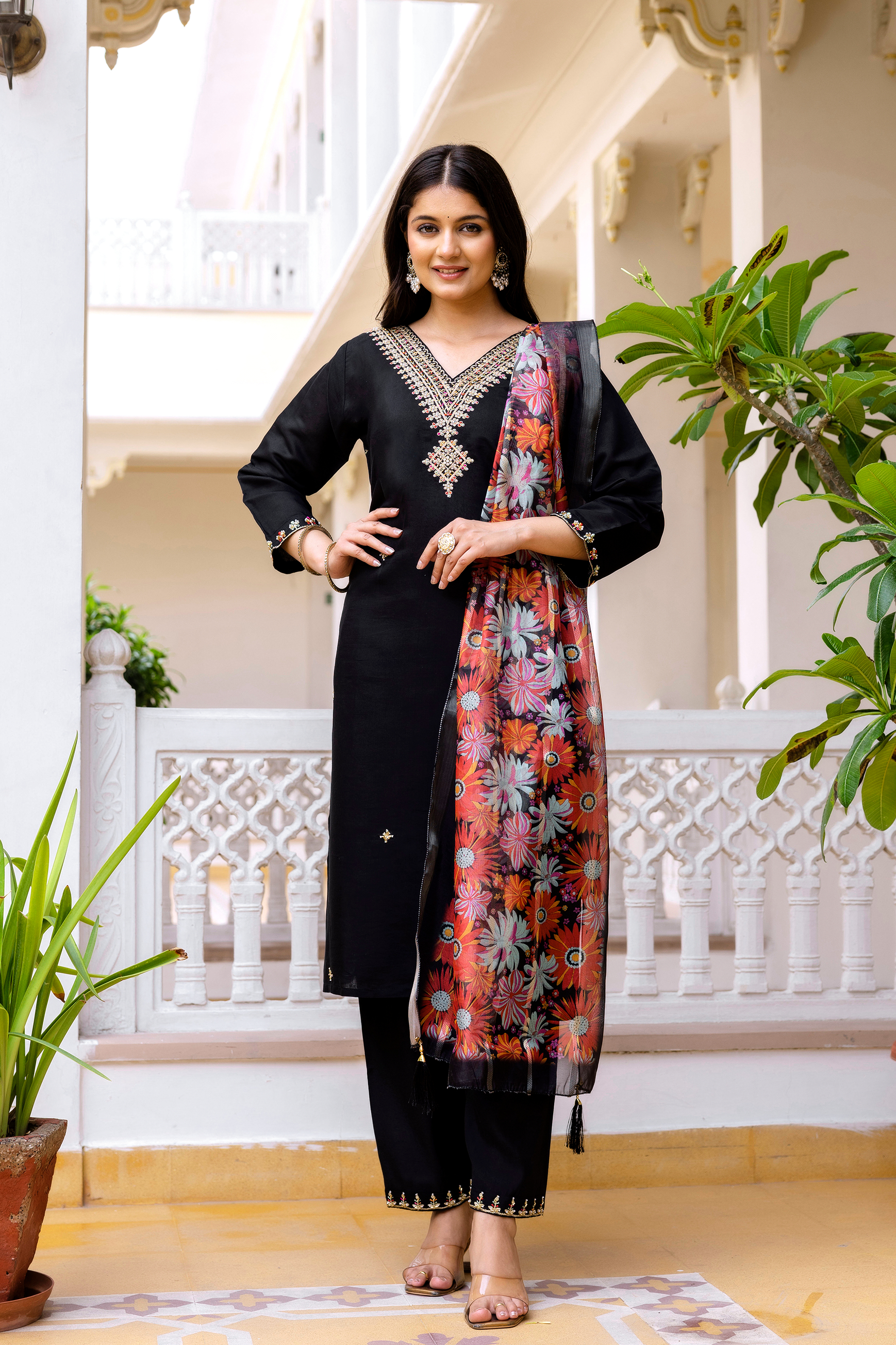 Black Embroidered Chanderi Kurti Pant Dupatta Set