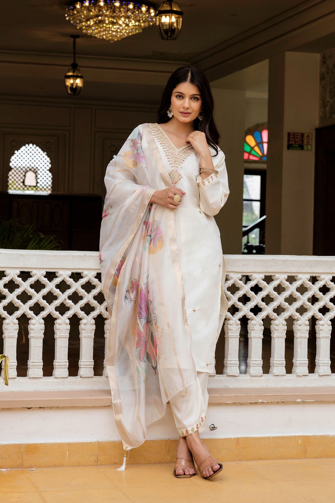 Cream Embroidered Chanderi Kurti Pant Dupatta Set