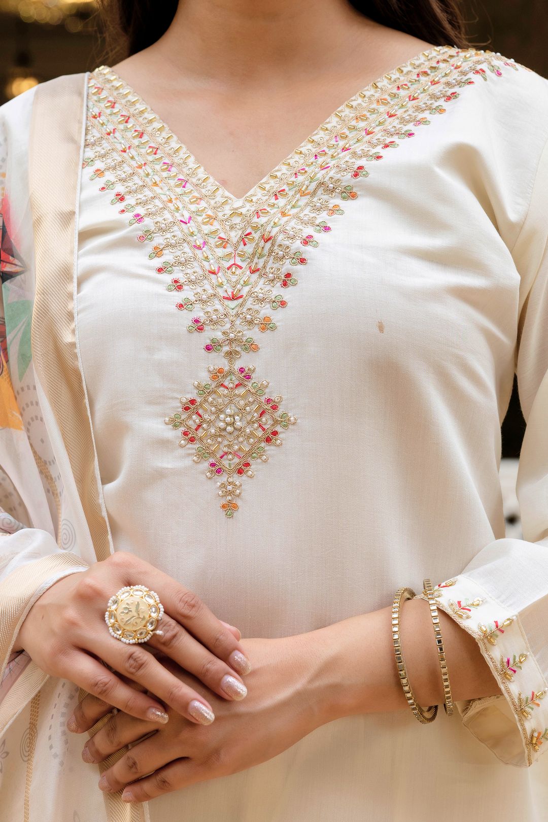 Cream Embroidered Chanderi Kurti Pant Dupatta Set