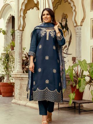 Navy Blue Embroidered Chanderi Kurti Pant Dupatta