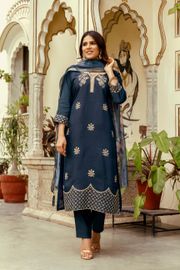 Navy Blue Embroidered Chanderi Kurti Pant Dupatta - Navy